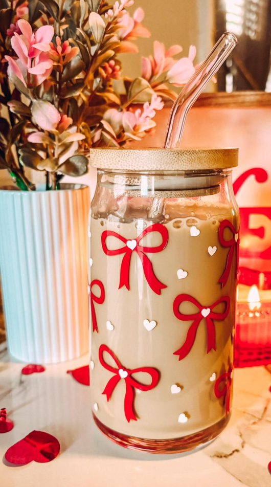 Glass Heart & Bow Cup with Straw